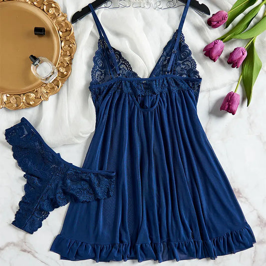 Exquisite Lace Tulle Suspender Lingerie Set – V-Neck Thong Nightdress for Women