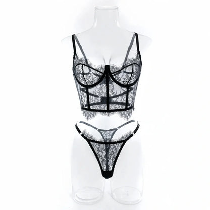 Krasapt Floral Eyelash Lace Bustier & Brief Set – Transparent Unlined Lingerie for Women