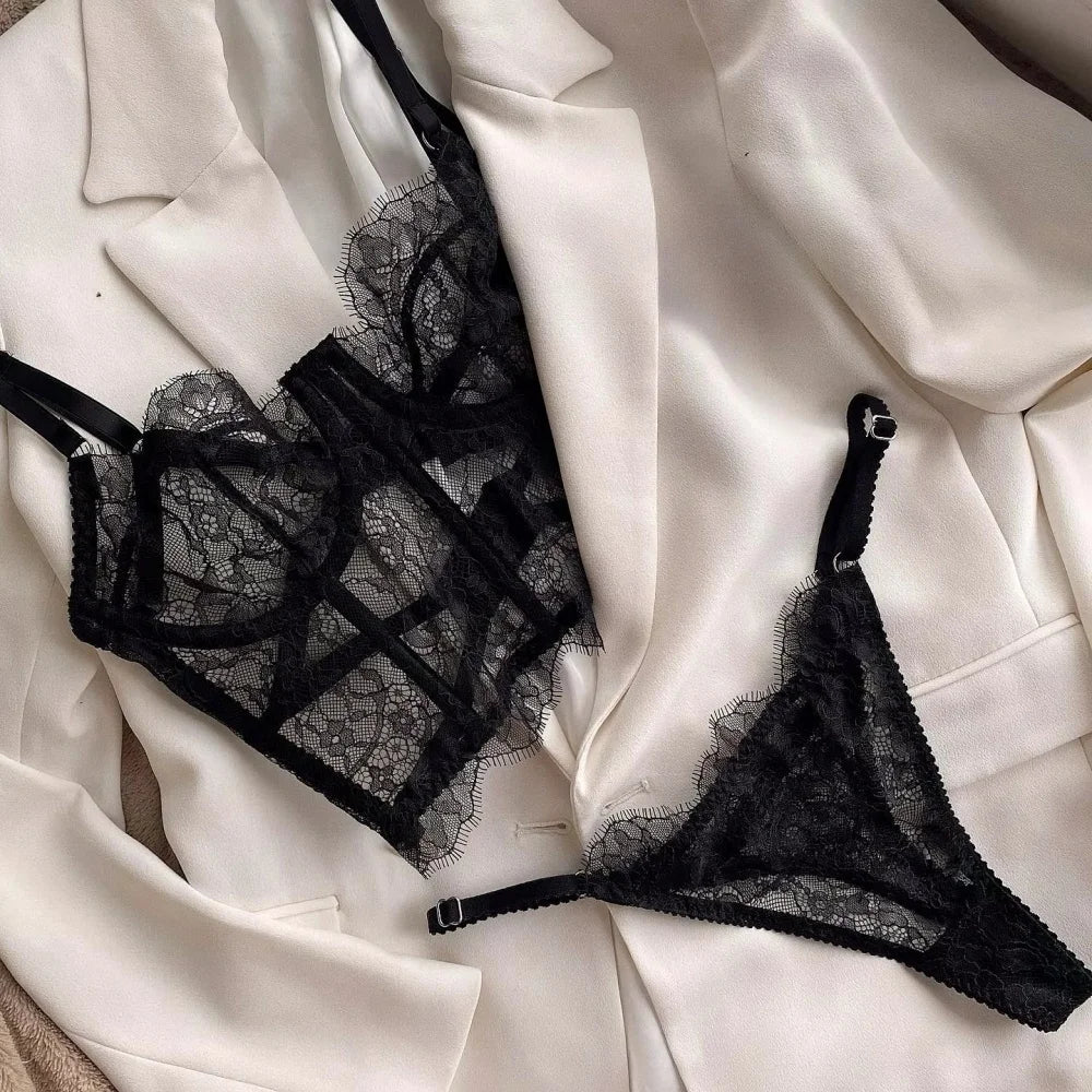 Krasapt Floral Eyelash Lace Bustier & Brief Set – Transparent Unlined Lingerie for Women