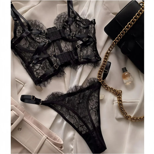 Krasapt Floral Eyelash Lace Bustier & Brief Set – Transparent Unlined Lingerie for Women