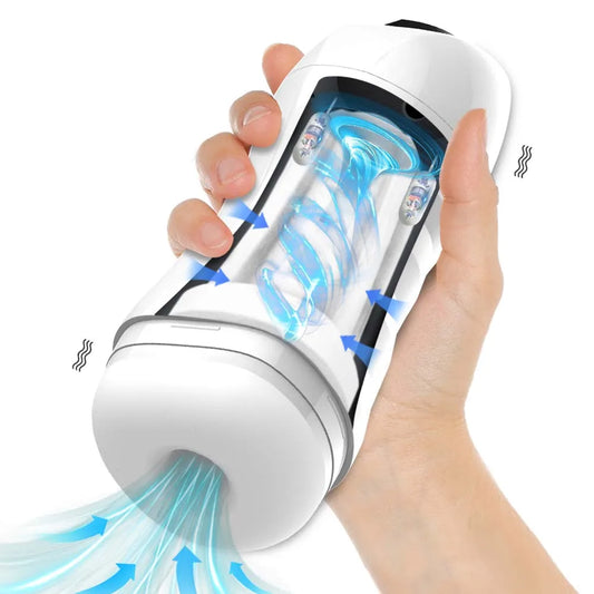 Hand holding a white device with blue arrows indicating airflow on a white background