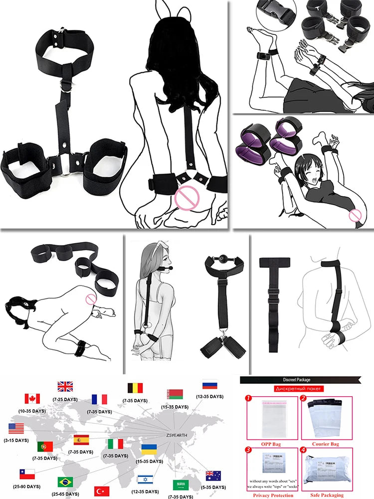 Complete Bondage Kit – Collar, Cuffs, Rope, Blindfold & Whip Set