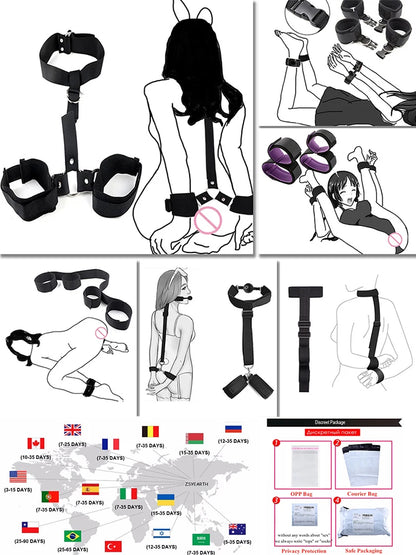 Complete Bondage Kit – Collar, Cuffs, Rope, Blindfold & Whip Set