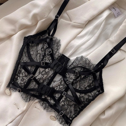 Krasapt Floral Eyelash Lace Bustier & Brief Set – Transparent Unlined Lingerie for Women