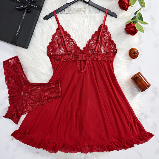 Summer Sexy Lace Nightdress – Women’s Sheer V-Neck Sleepwear Dress