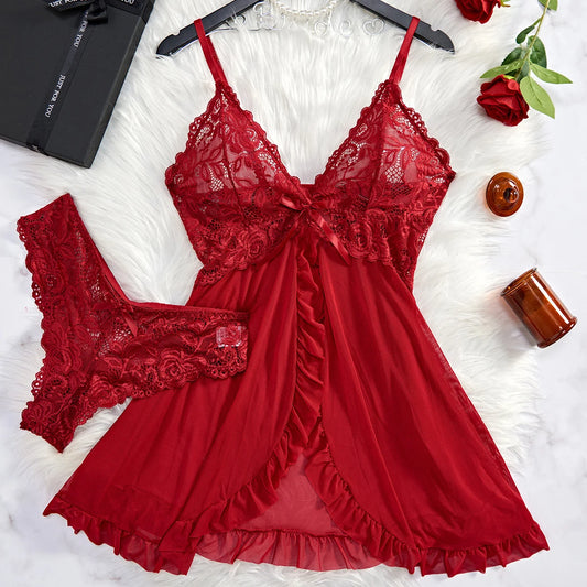 Summer Sexy Lace Nightdress – Women’s Sheer V-Neck Sleepwear Dress