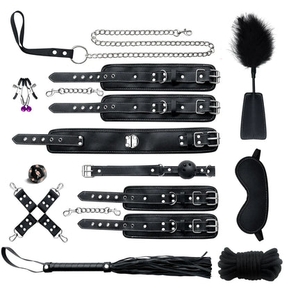 Genuine Leather BDSM Bondage Set – Collar, Cuffs, Gag & Whip