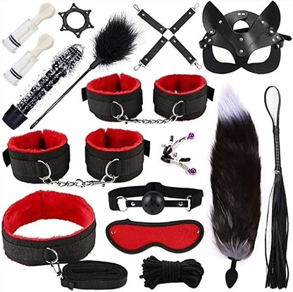 Genuine Leather BDSM Bondage Set – Collar, Cuffs, Gag & Whip